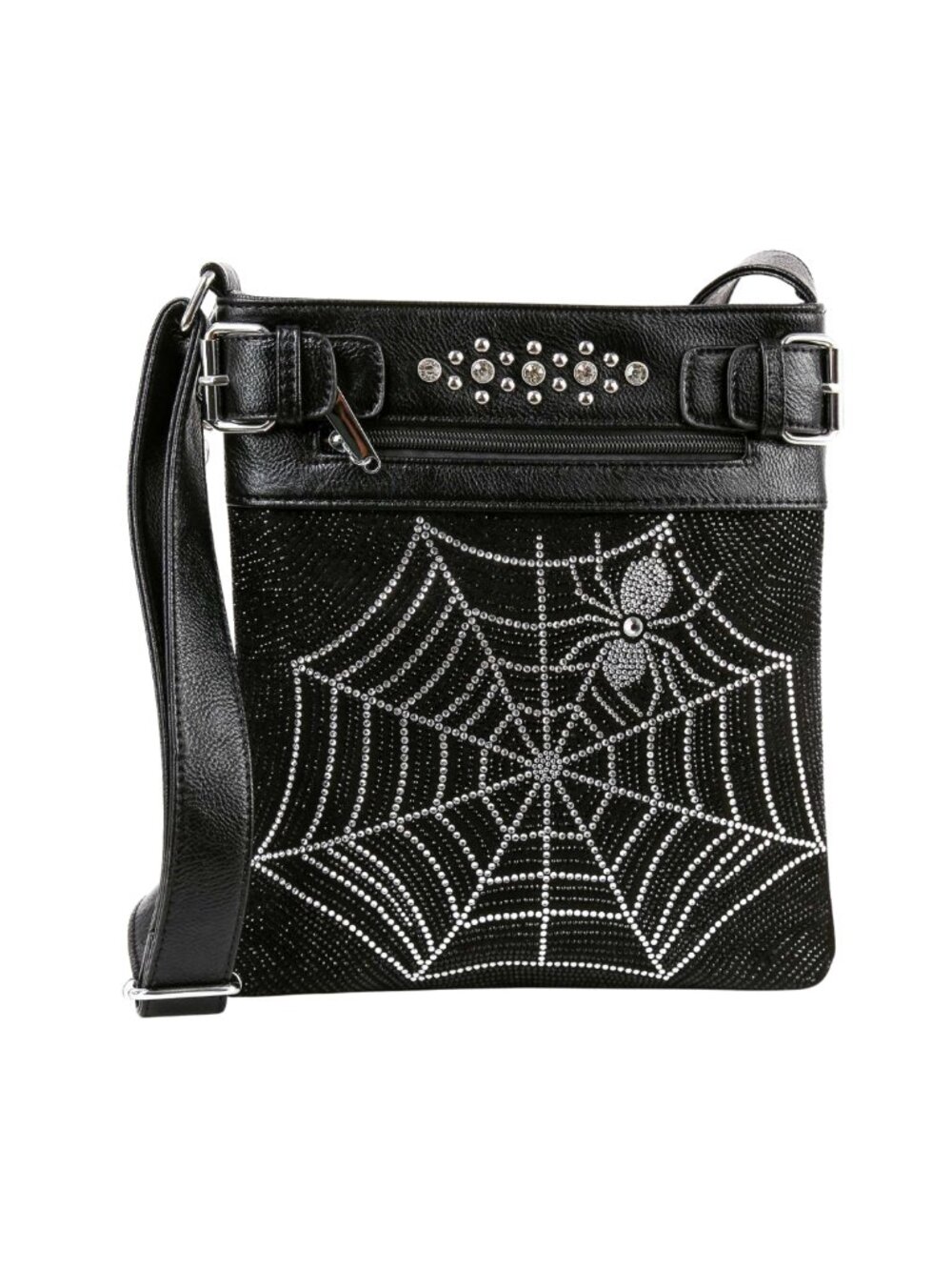 Black Rhinestone Spider Web Faux Leather Crossbody Bag